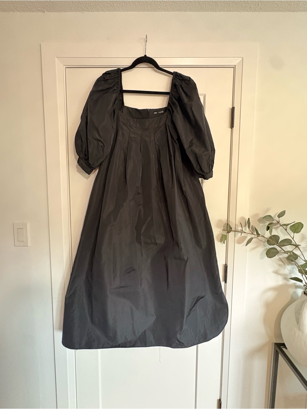 Zara Black Puff-Sleeve Midi Dress with Square Neckline